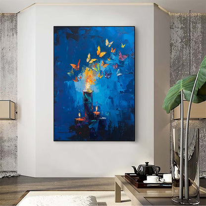 Vibrant Abstract Oil Painting with Candles and Butterflies on Deep Blue Canvas