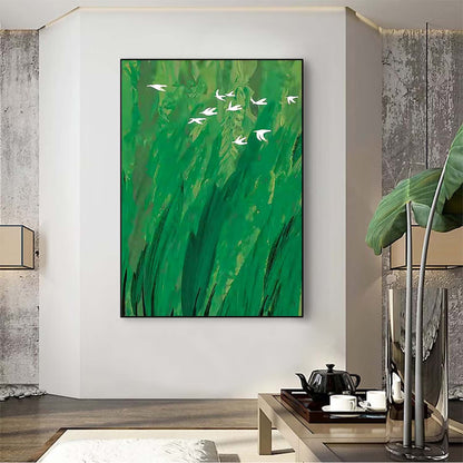 Serene Green Minimalist Oil Painting with White Birds in Flight
