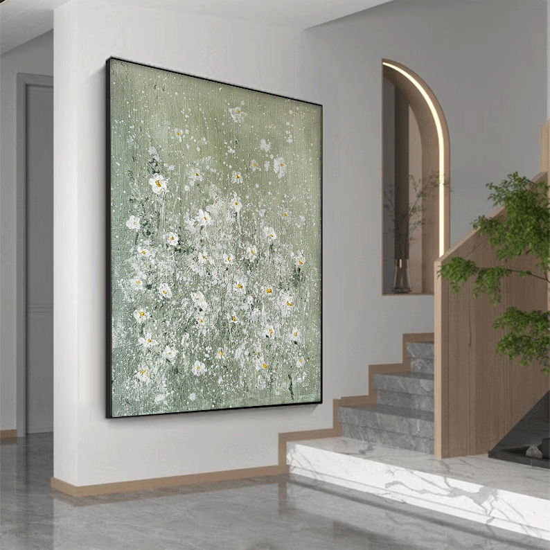 Elegant White Floral Oil Painting on Soft Green Canvas