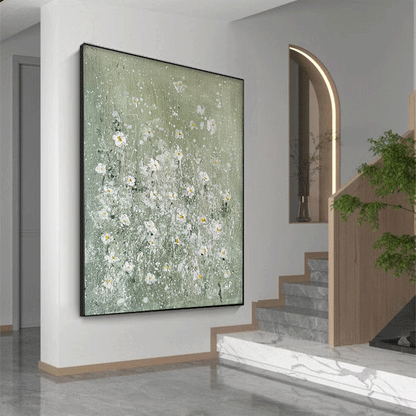 Elegant White Floral Oil Painting on Soft Green Canvas