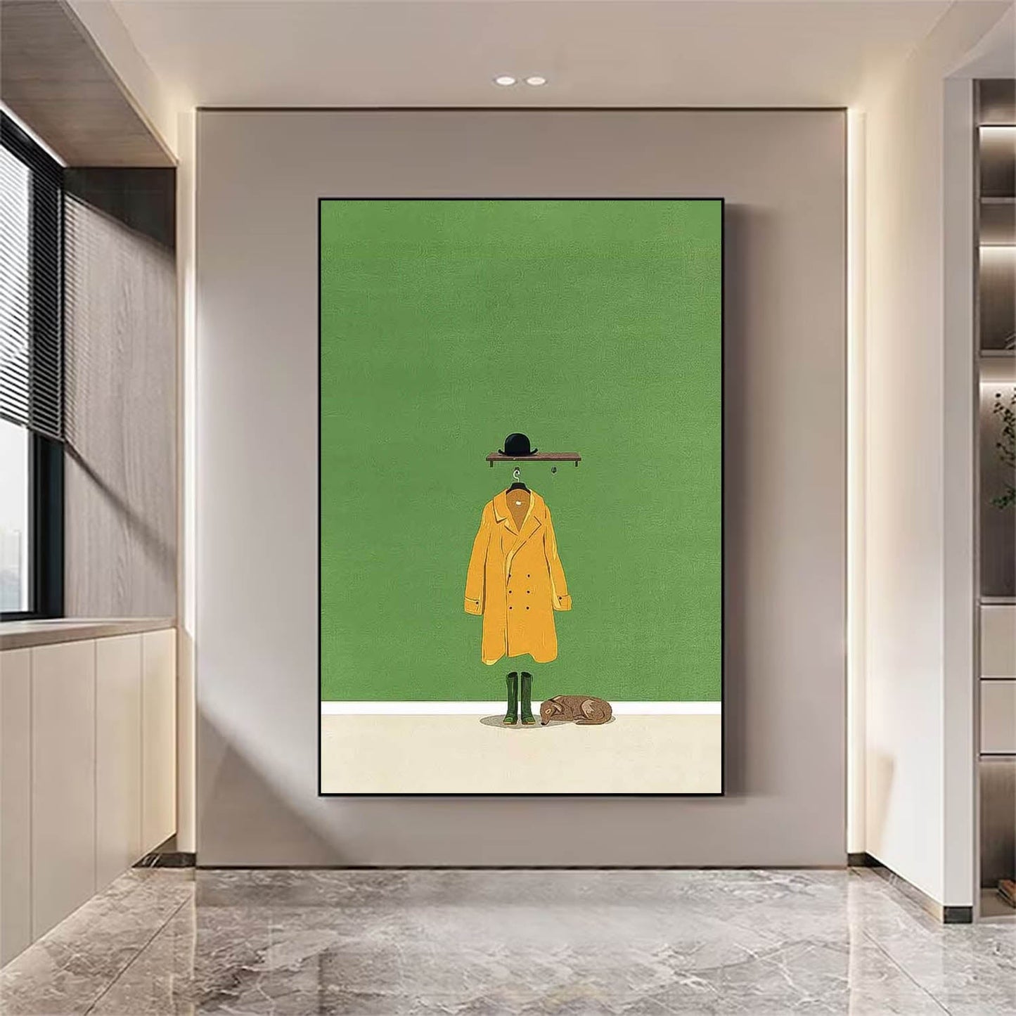 Charming Minimalist Oil Painting of Yellow Coat and Hat on Green Background