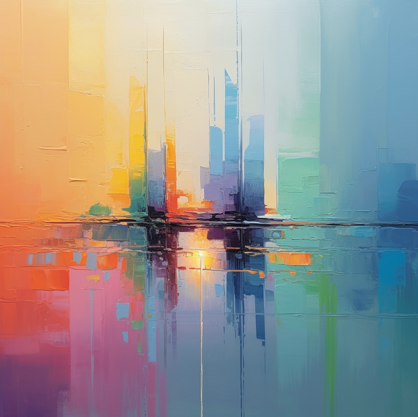 Vibrant Cityscape Reflection in Abstract Oil Painting for Modern Home Decor