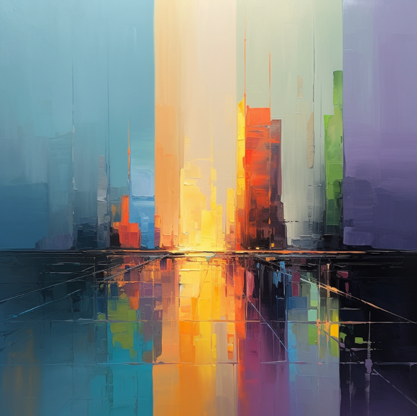 Vibrant Cityscape Oil Painting with Reflective Colors and Modern Abstract Style