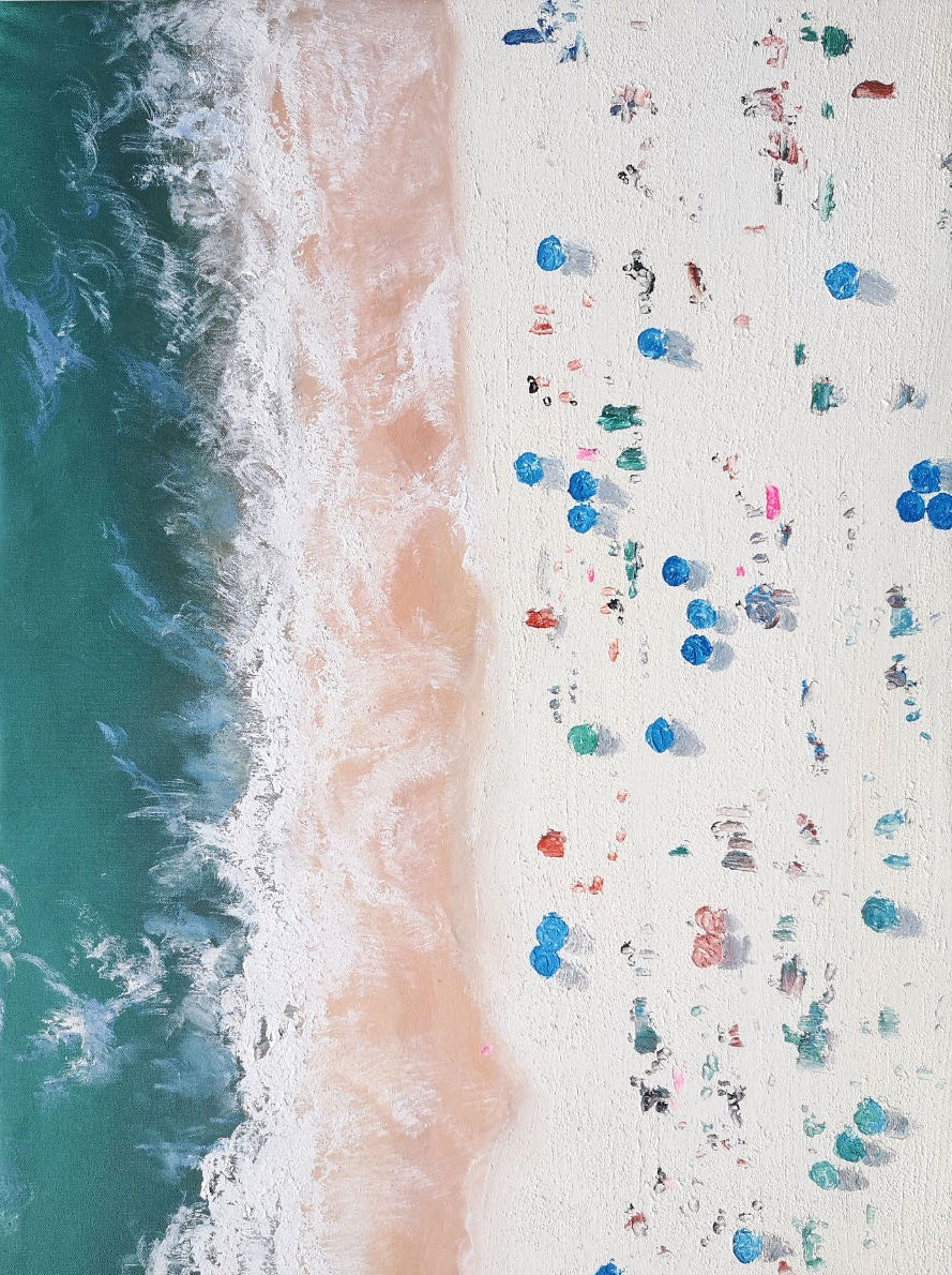 Vibrant Beach Waves Oil Painting with Textured Sand and Bright Colorful Details