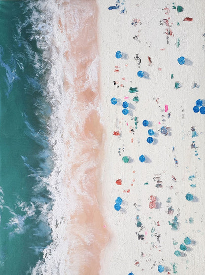Vibrant Beach Waves Oil Painting with Textured Sand and Bright Colorful Details
