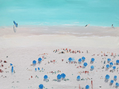 Vibrant Beach Scene Oil Painting with Colorful Umbrellas and Soft Sky