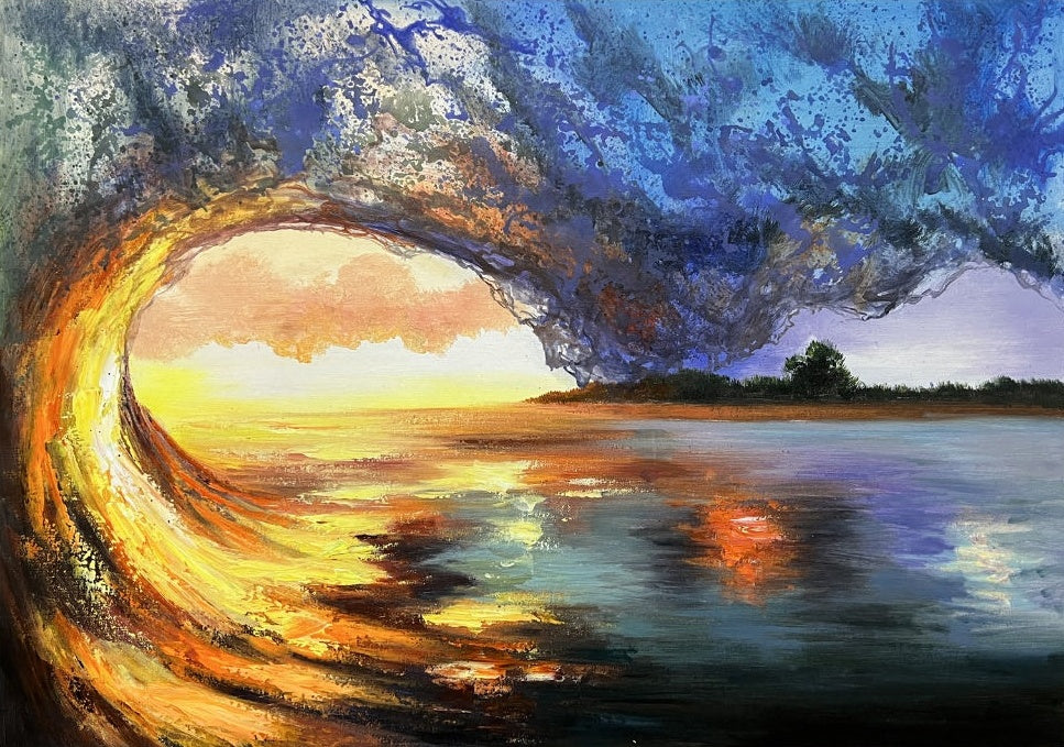 Stunning Hyperrealistic Wave Scene Oil Painting Capturing Ocean Sunset Beauty