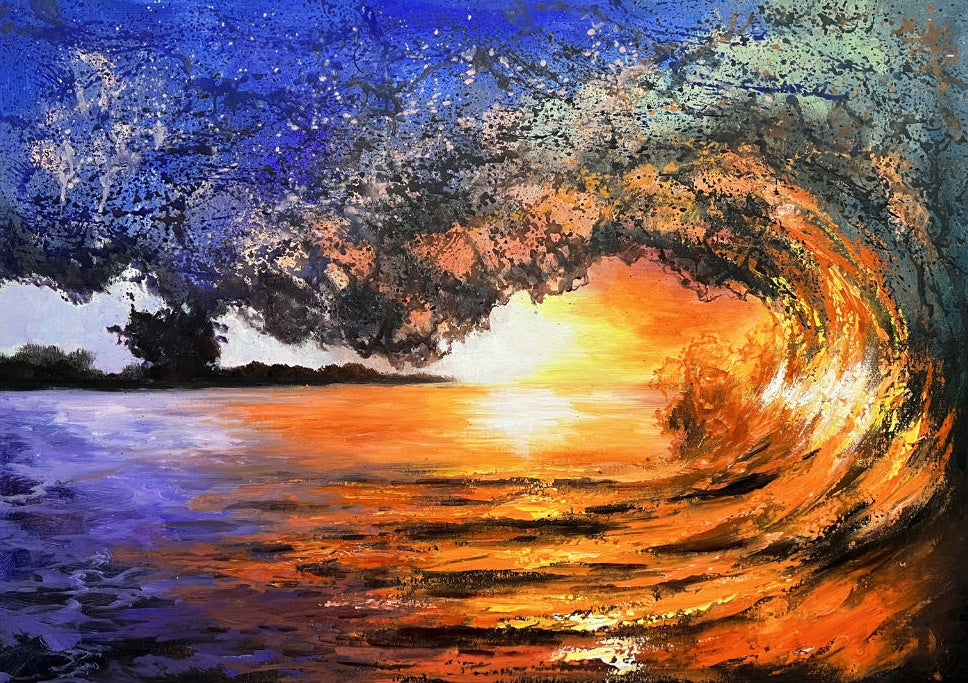 Stunning Sunset Wave - Vibrant Ocean Oil Painting for Home Decor