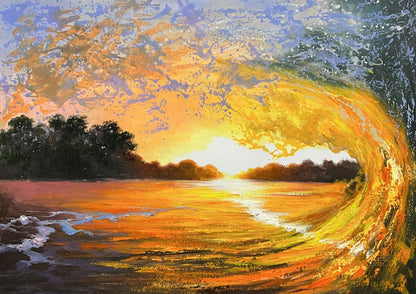 Vibrant Sunset Wave Oil Painting - Hyperrealistic Seascape Art for Home Decor