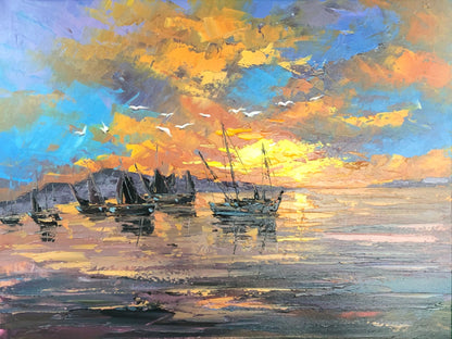 Vibrant Sunset Over Calm Waters with Fishing Boats - Oil Painting