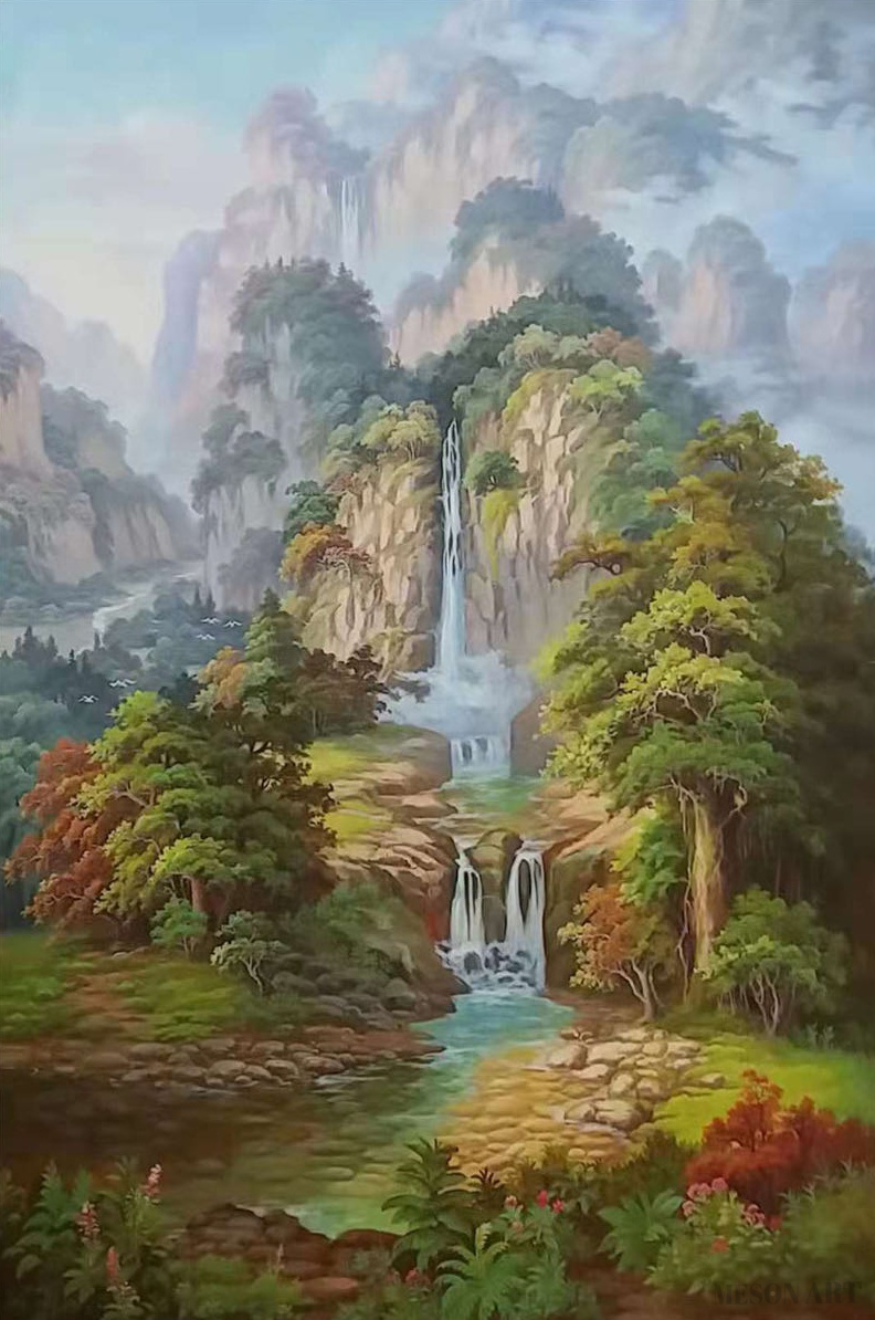 Serene Waterfall Landscape Oil Painting for Tranquil Home Décor