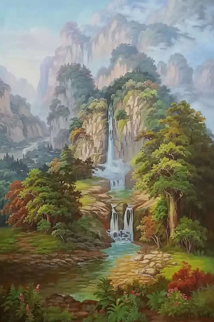 Serene Waterfall Landscape Oil Painting for Tranquil Home Décor