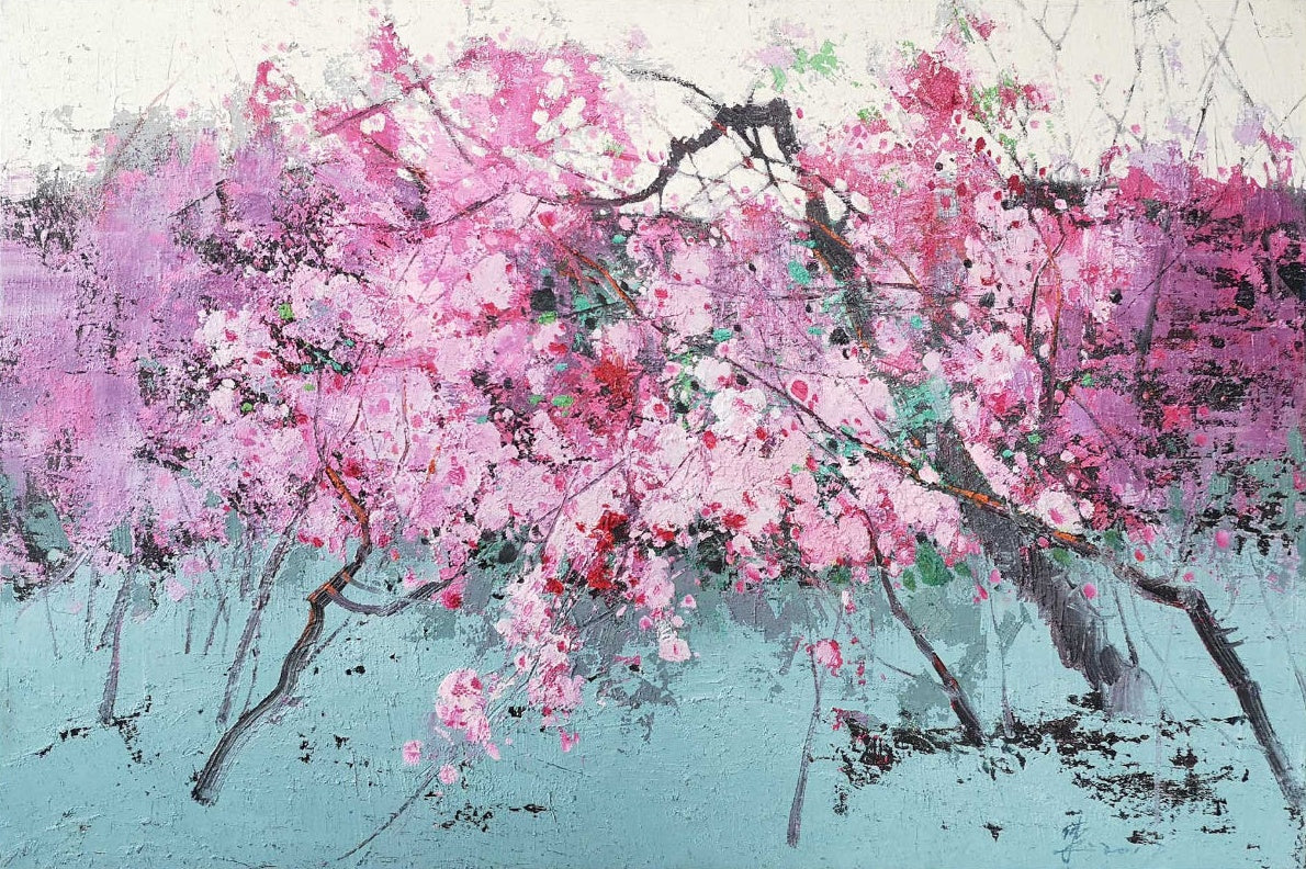 Vibrant Pink Blooms in Abstract Landscape - Stunning Oil Painting for Home Décor