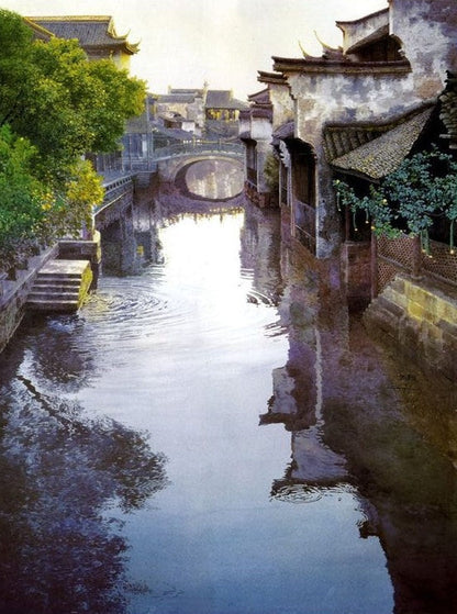 Tranquil Waterway Landscape Oil Painting in Hyperrealism Style