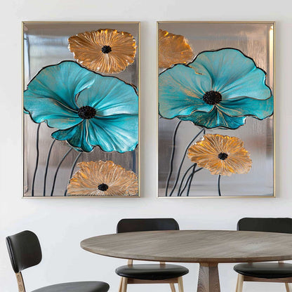 Elegant Blue and Gold Floral Abstract Oil Paintings for Modern Decor