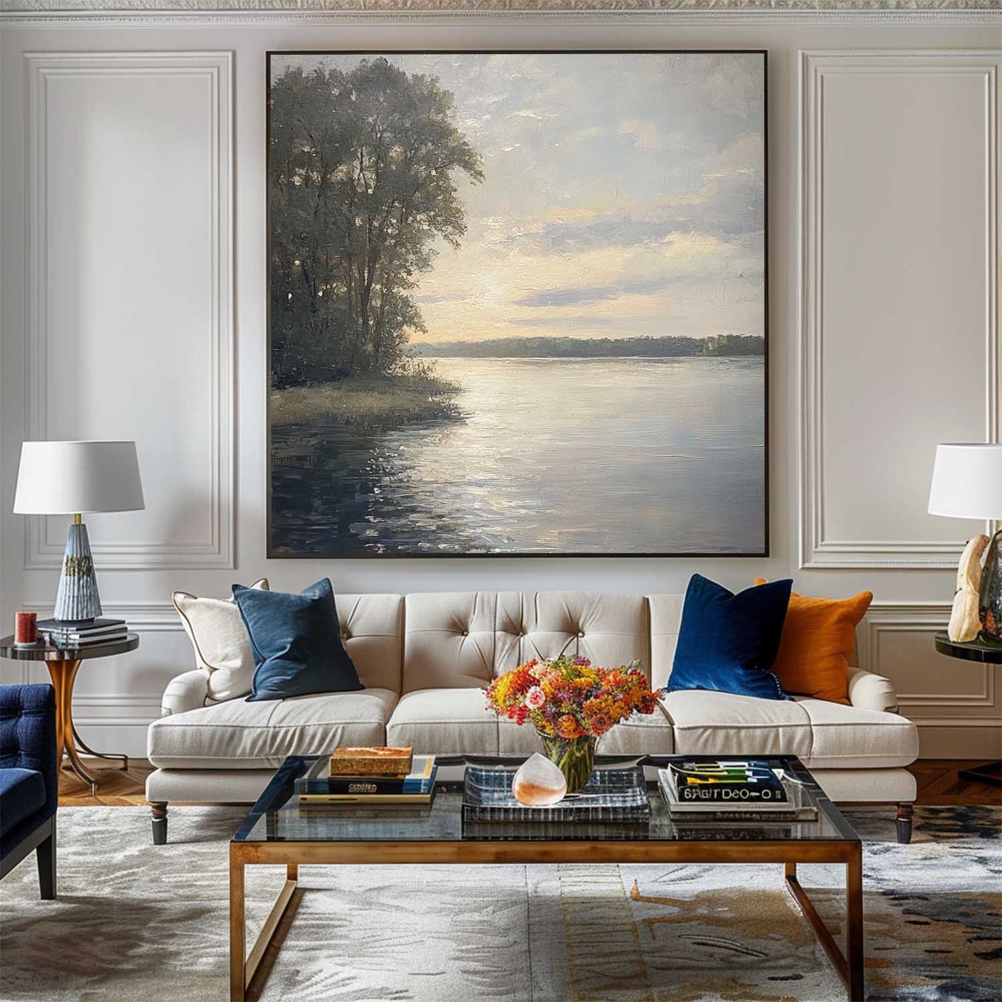 Serene Sunset Reflections on Water - Modern Oil Landscape Painting for Home Decor