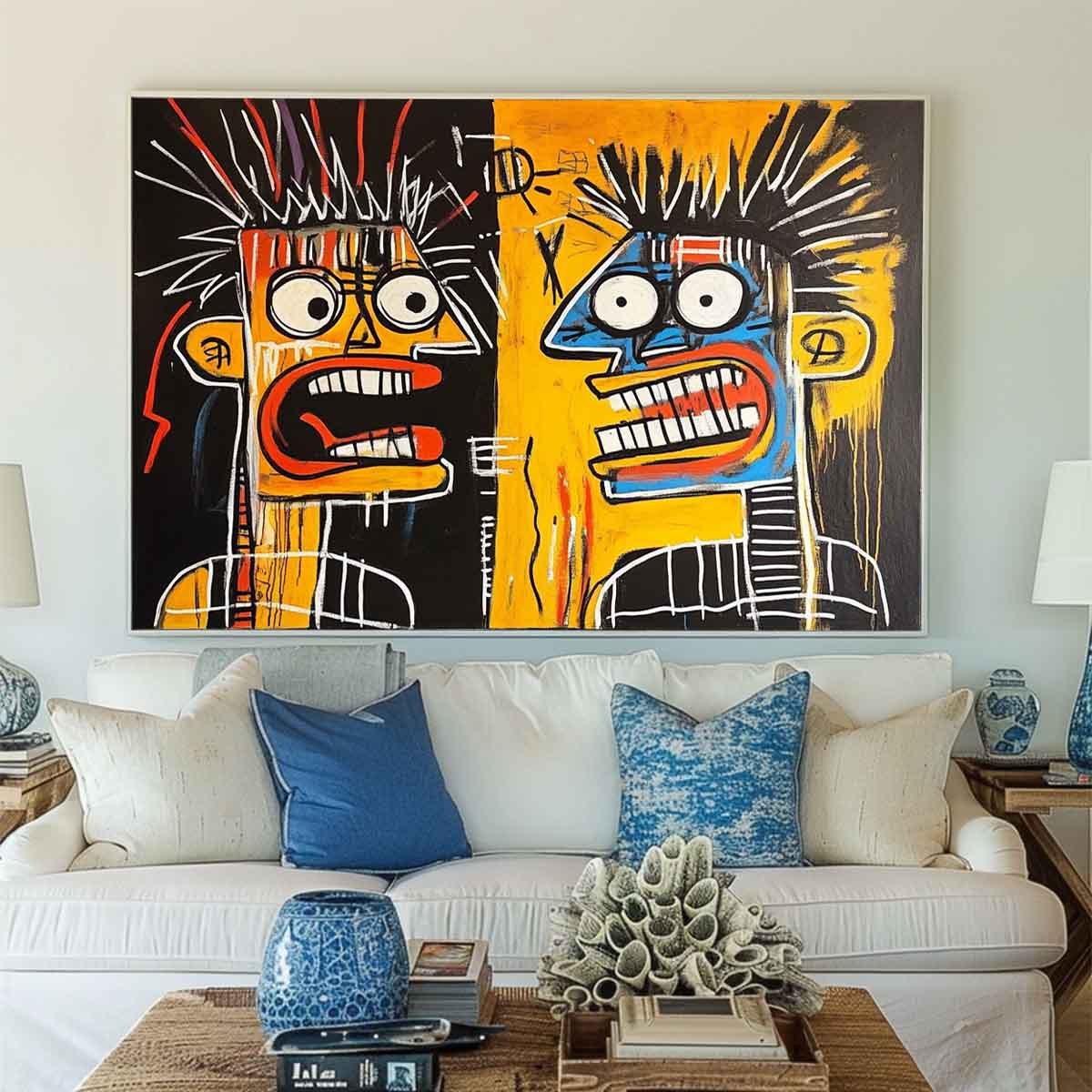 Vibrant Modern Abstract Duo Faces Oil Painting for Contemporary Home Decor