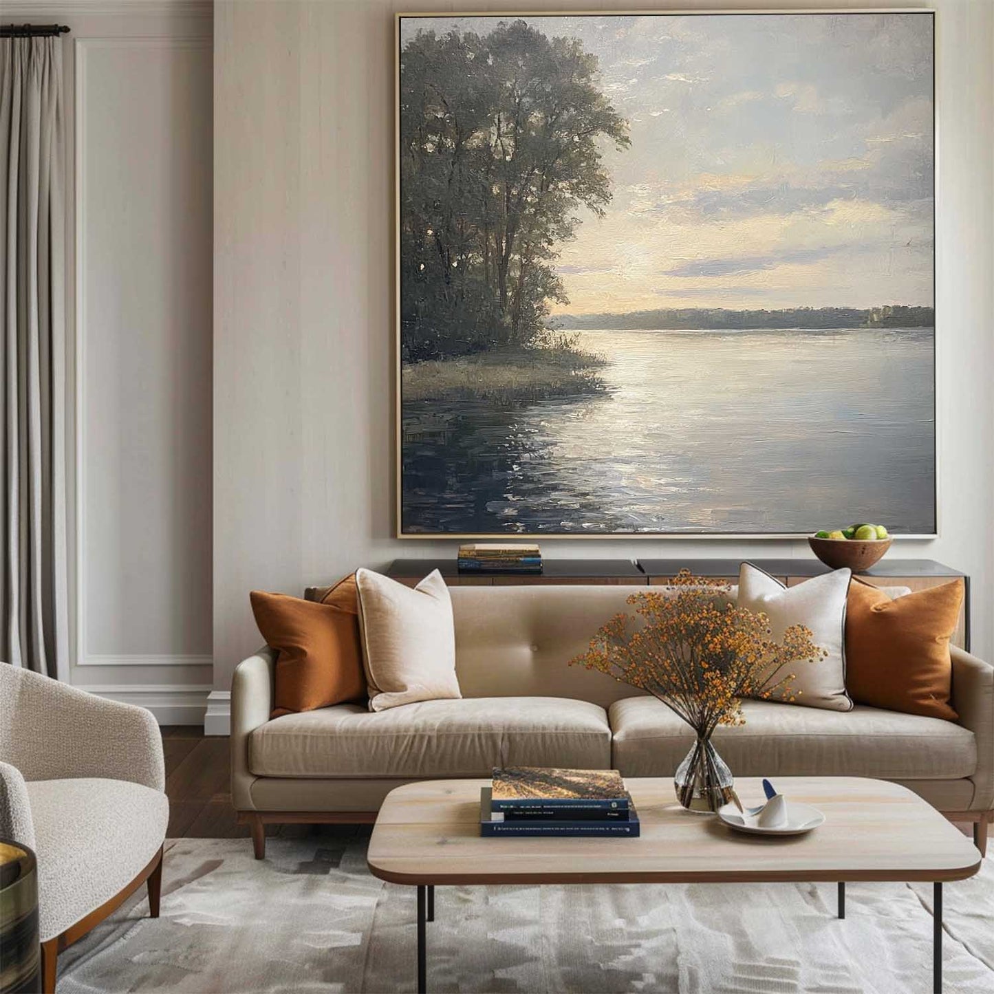 Serene Sunset Reflections on Water - Modern Oil Landscape Painting for Home Decor