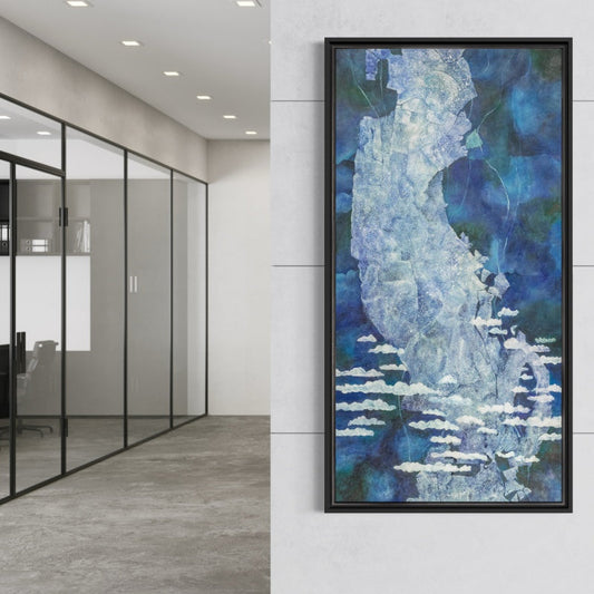 Serene Blue Sky Oil Painting with Whimsical Clouds for Tranquil Home Decor