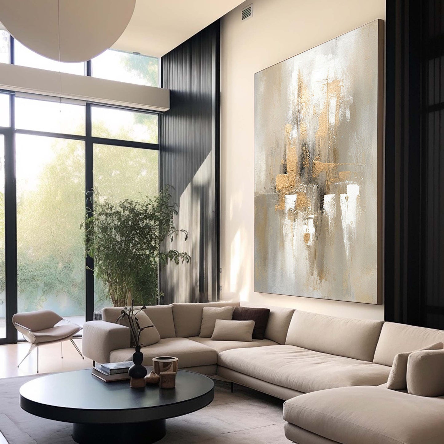 Elegant Grey and Gold Minimalist Oil Painting for Modern Home Decor