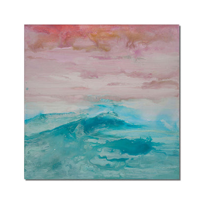 Serene Ocean Waves and Vibrant Red Moon at Twilight - Oil Painting