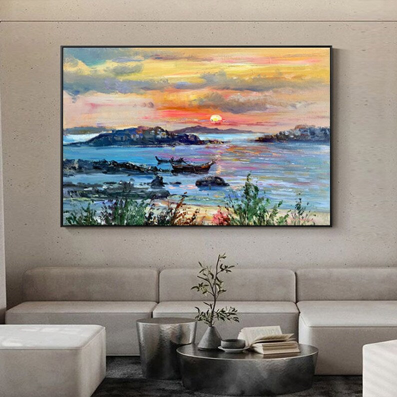 Sunset Over Zakynthos: Serene Coastal Oil Painting with Vibrant Colors