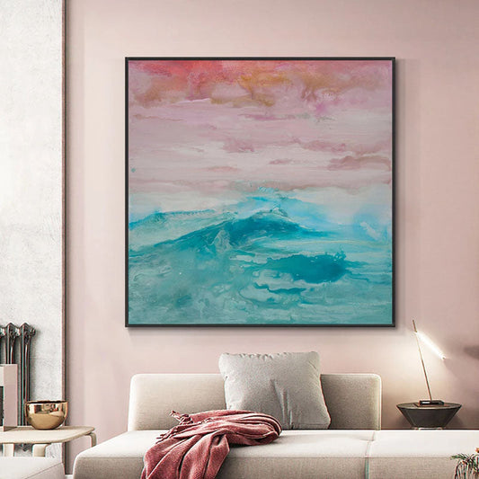 Serene Ocean Waves and Vibrant Red Moon at Twilight - Oil Painting