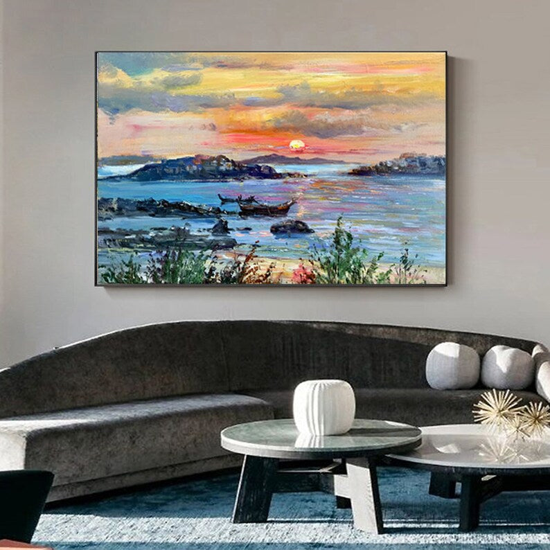 Sunset Over Zakynthos: Serene Coastal Oil Painting with Vibrant Colors