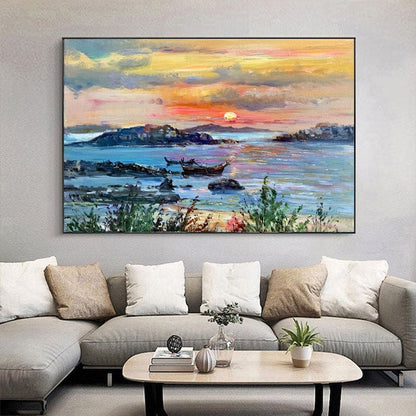 Sunset Over Zakynthos: Serene Coastal Oil Painting with Vibrant Colors