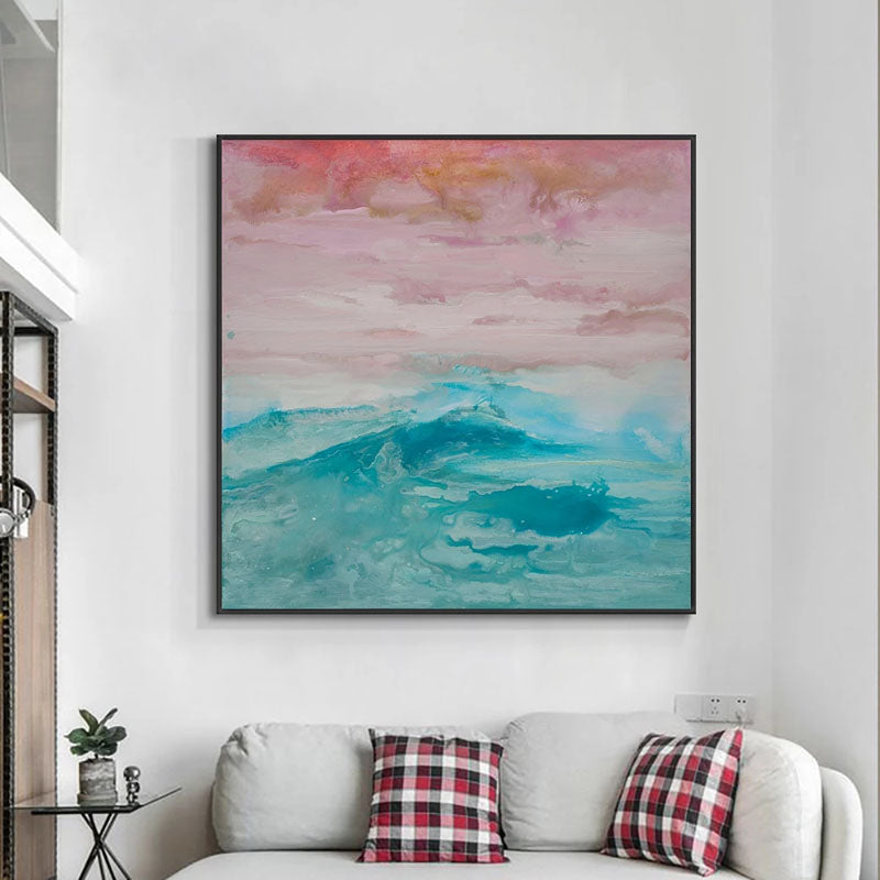 Serene Ocean Waves and Vibrant Red Moon at Twilight - Oil Painting