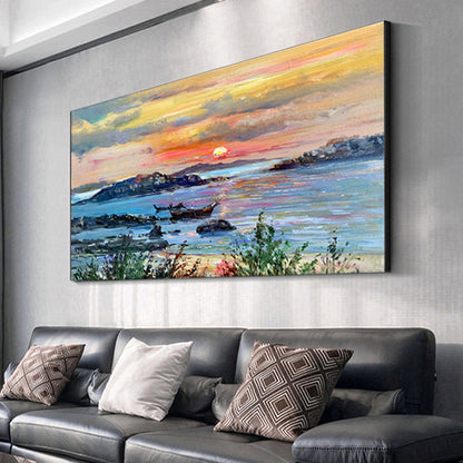 Sunset Over Zakynthos: Serene Coastal Oil Painting with Vibrant Colors