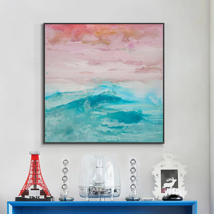 Serene Ocean Waves and Vibrant Red Moon at Twilight - Oil Painting