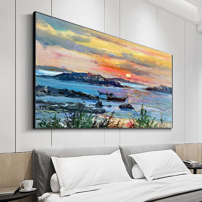 Sunset Over Zakynthos: Serene Coastal Oil Painting with Vibrant Colors