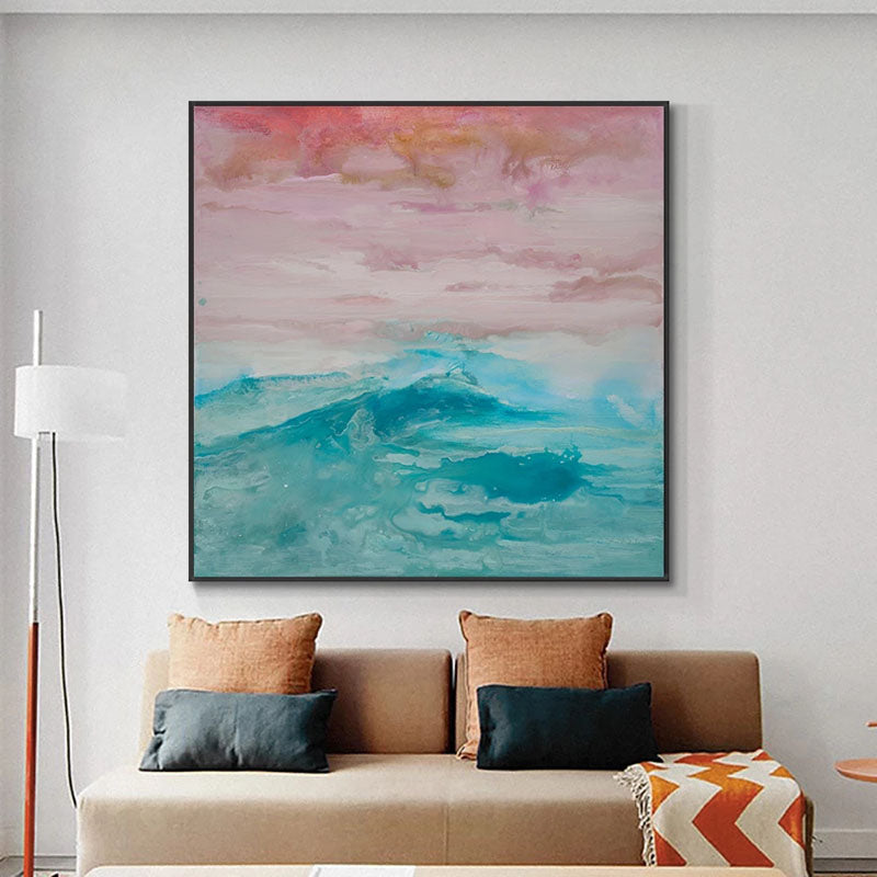 Serene Ocean Waves and Vibrant Red Moon at Twilight - Oil Painting