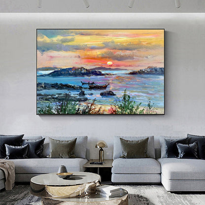 Sunset Over Zakynthos: Serene Coastal Oil Painting with Vibrant Colors