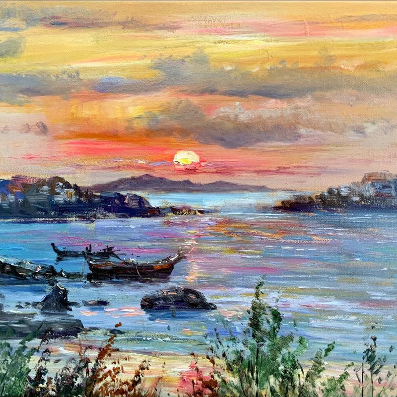 Sunset Over Zakynthos: Serene Coastal Oil Painting with Vibrant Colors