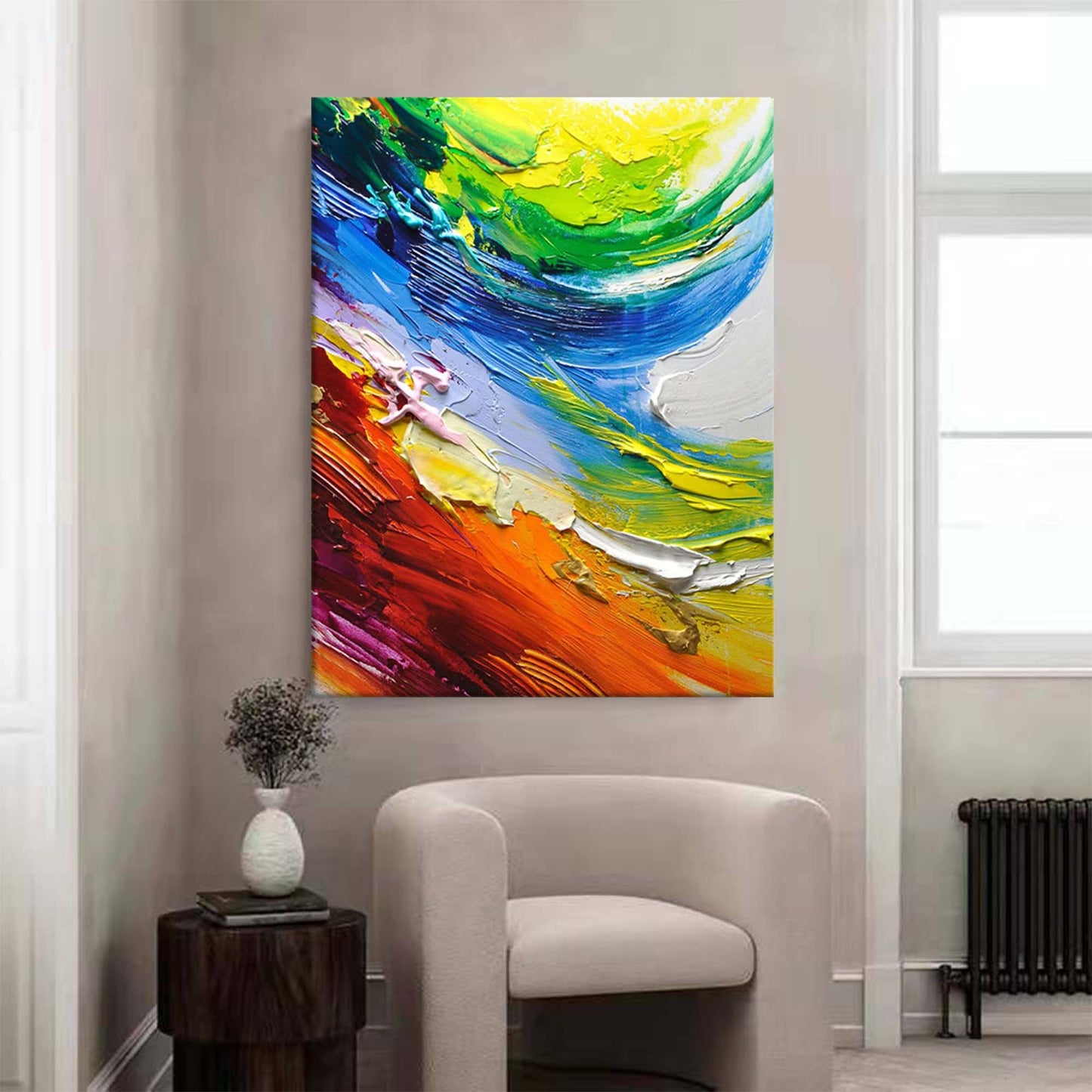 Vibrant Abstract Oil Painting with Colorful Swirls and Textured Canvas Art