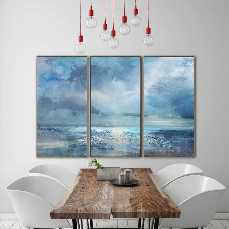 Serene Ocean Horizon: Stunning Blue Abstract Oil Triptych for Modern Decor