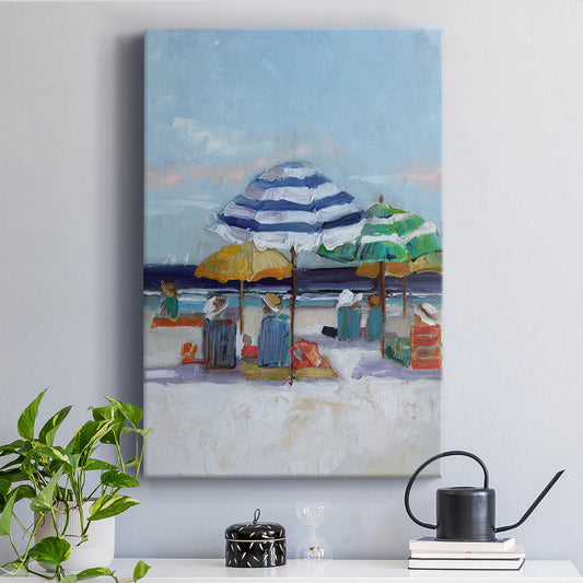 Vibrant Beach Day with Colorful Umbrellas and Relaxing Figures