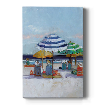 Vibrant Beach Day with Colorful Umbrellas and Relaxing Figures