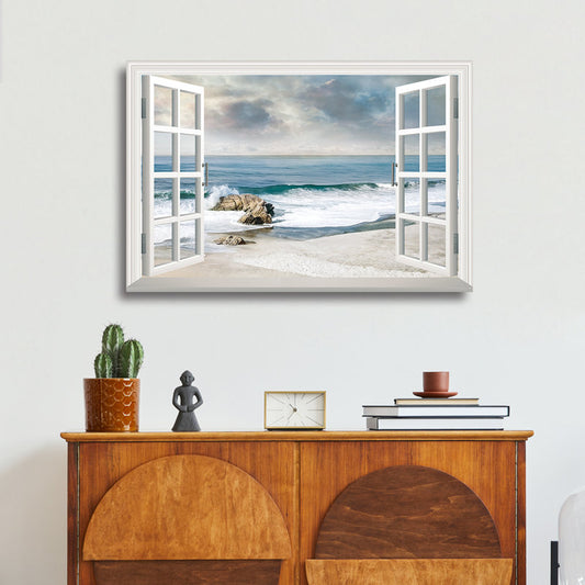 Tranquil Ocean View Through Open Window - Serene Coastal Oil Painting
