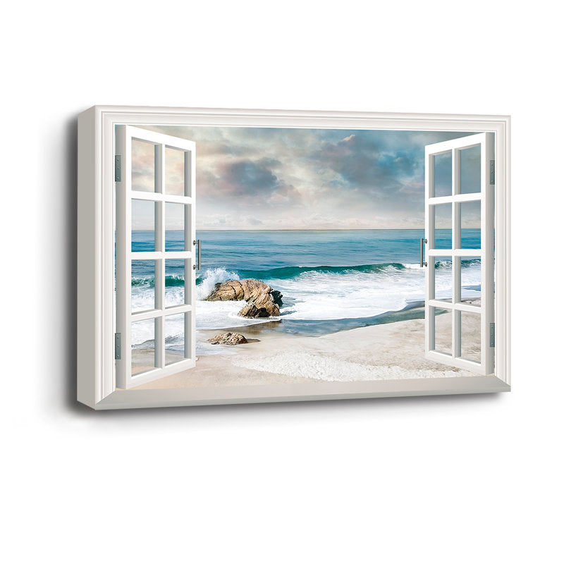 Tranquil Ocean View Through Open Window - Serene Coastal Oil Painting
