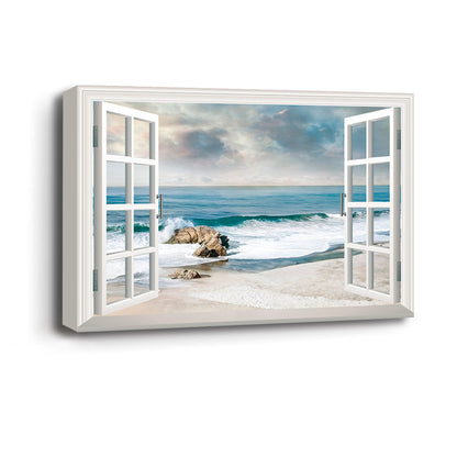 Tranquil Ocean View Through Open Window - Serene Coastal Oil Painting