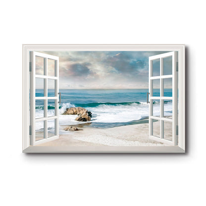 Tranquil Ocean View Through Open Window - Serene Coastal Oil Painting