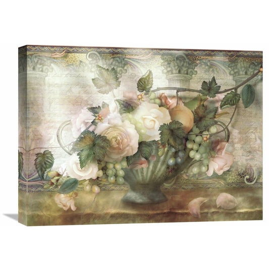 Elegant Floral Arrangement with Grapes and Roses in Vintage Vase Oil Painting