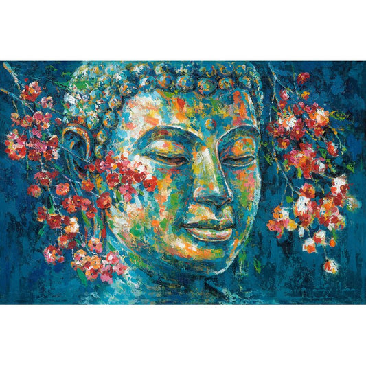 Vibrant Buddha Oil Painting with Floral Accents for Spiritual Serenity