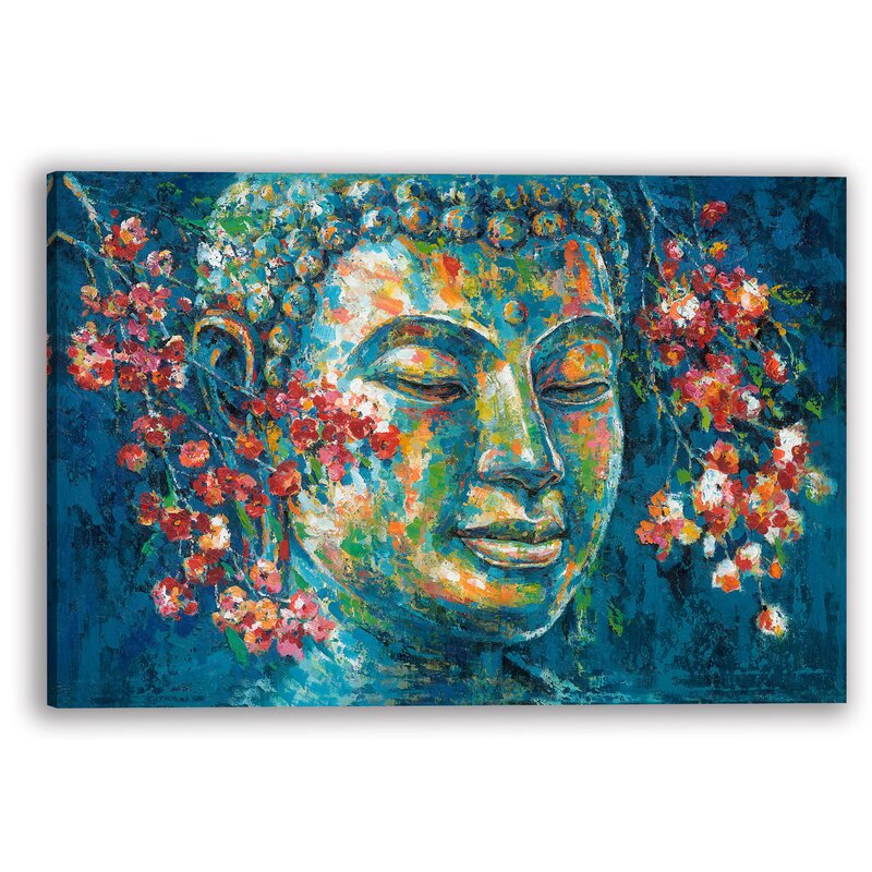 Vibrant Buddha Oil Painting with Floral Accents for Spiritual Serenity