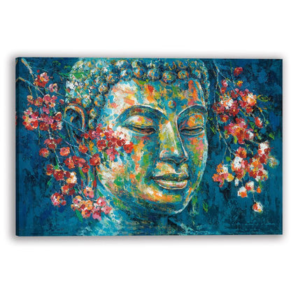 Vibrant Buddha Oil Painting with Floral Accents for Spiritual Serenity