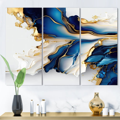 Elegant Abstract Gold and Blue Geode Triptych Artwork for Home Decor