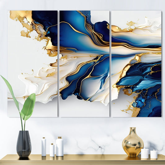 Elegant Abstract Gold and Blue Geode Triptych Artwork for Home Decor
